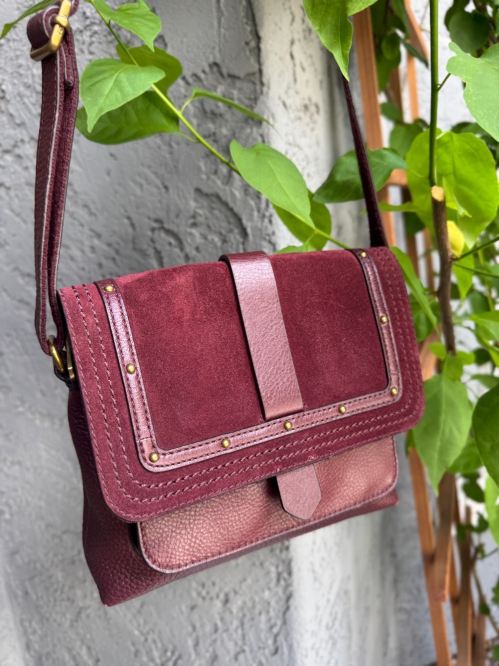 Fossil Kinley Suede Leather Studded Flap Crossbody